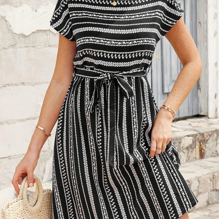 Striped Crew Neck Dress-Women's Casual Short Sleeve Belted Dresses Flattering Clothing for Ladies