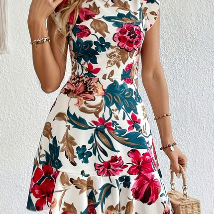 Floral Print Crew Neck Dress, Vacation Flutter Sleeve Dress For Spring & Summer, Women's Clothing