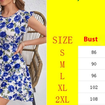 Floral Print Crew Neck Dress, Vacation Flutter Sleeve Dress For Spring & Summer, Women's Clothing