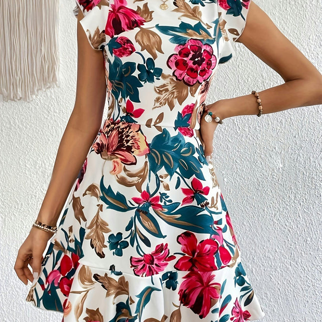 Floral Print Crew Neck Dress, Vacation Flutter Sleeve Dress For Spring & Summer, Women's Clothing