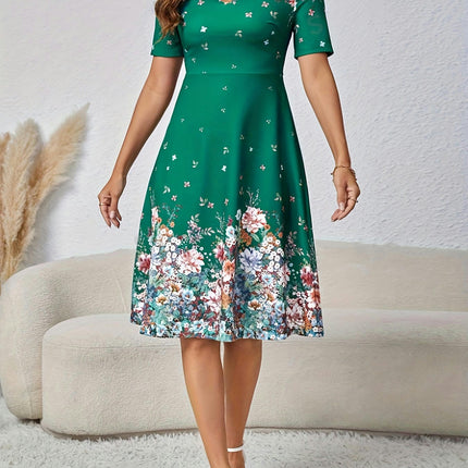 Vibrant Floral Print V-Neck Dress Women's Short Sleeves, Comfortable Clothing for Summer