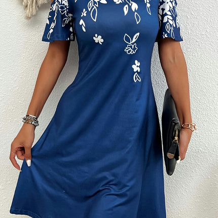 Women's Casual Crew Neck Short Sleeve Plant Print Cold Shoulder Loose Dress for Spring & Summer