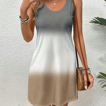 Ombre Colorblock Crew Neck Tank Dress-Sleeveless Loose Fit Dress for Summer-Women's Casual Clothing