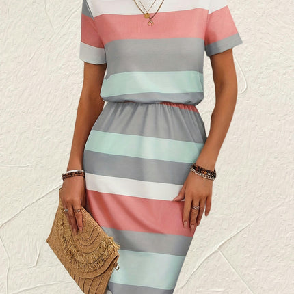 Colorblock Crew Neck Dress - Casual Short Sleeve, Cinched Waist, Women's Clothing Spring & Summer