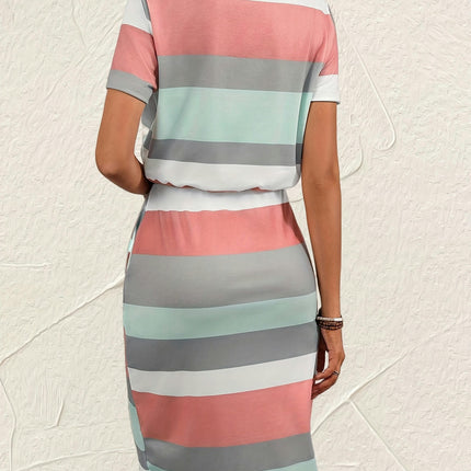 Colorblock Crew Neck Dress - Casual Short Sleeve, Cinched Waist, Women's Clothing Spring & Summer