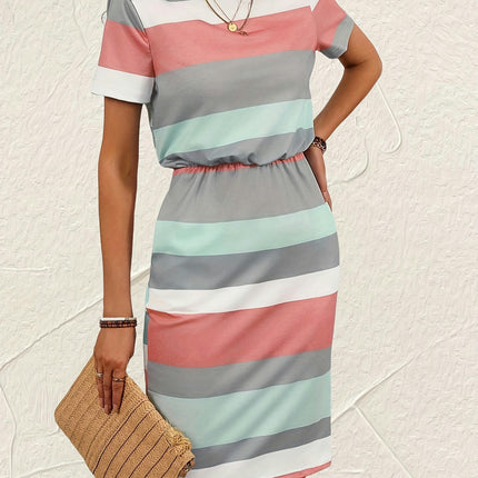 Colorblock Crew Neck Dress - Casual Short Sleeve, Cinched Waist, Women's Clothing Spring & Summer