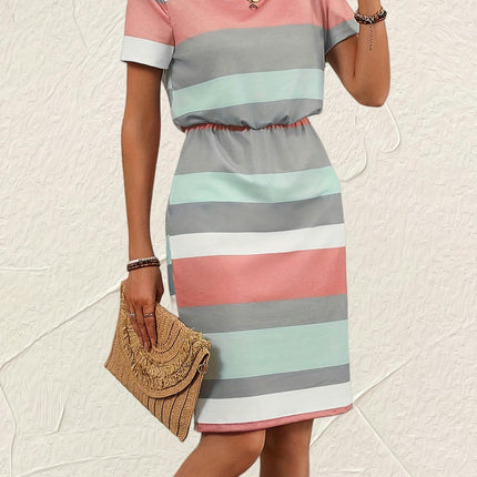 Colorblock Crew Neck Dress - Casual Short Sleeve, Cinched Waist, Women's Clothing Spring & Summer