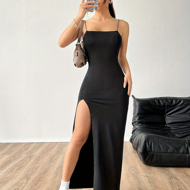 Solid Color Split Cami Maxi Dress-Sleeveless Bodycon Perfect for Outdoor Activities, Casual Events