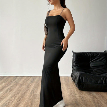 Solid Color Split Cami Maxi Dress-Sleeveless Bodycon Perfect for Outdoor Activities, Casual Events