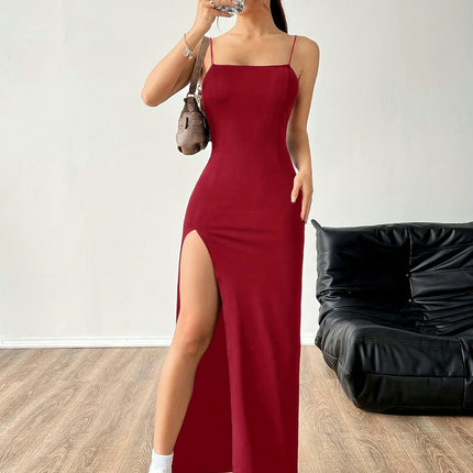 Solid Color Split Cami Maxi Dress-Sleeveless Bodycon Perfect for Outdoor Activities, Casual Events