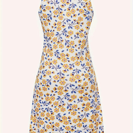 Sexy V-Neck Floral Knee-Length Dress - Polyester Knit Fabric, Sleeveless All Seasons Adult Dress