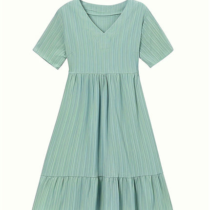 Casual V-Neck Solid Color Midi Dress with Ruffle Hem and Short Sleeves, Polyester Blend, Loose Fit