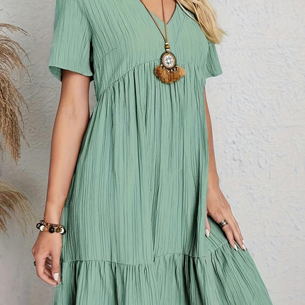 Casual V-Neck Solid Color Midi Dress with Ruffle Hem and Short Sleeves, Polyester Blend, Loose Fit