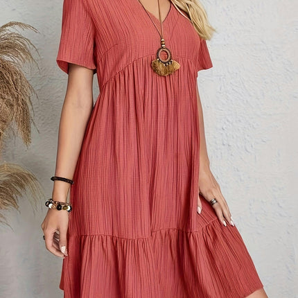 Casual V-Neck Solid Color Midi Dress with Ruffle Hem and Short Sleeves, Polyester Blend, Loose Fit