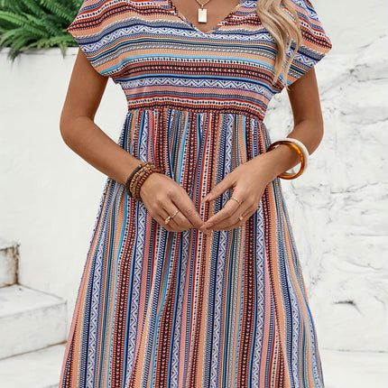 Striped V-neck Dress-Vacation Style Short Sleeve Loose Fit Dress For Beach Vacation, Women's Clothing