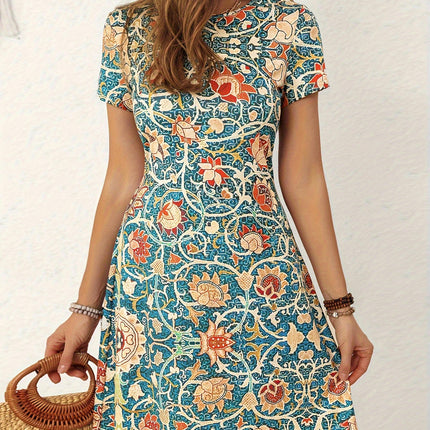 Allover Print Crew Neck Dress, Casual Short Sleeve Dress For Spring & Summer, Women's Clothing