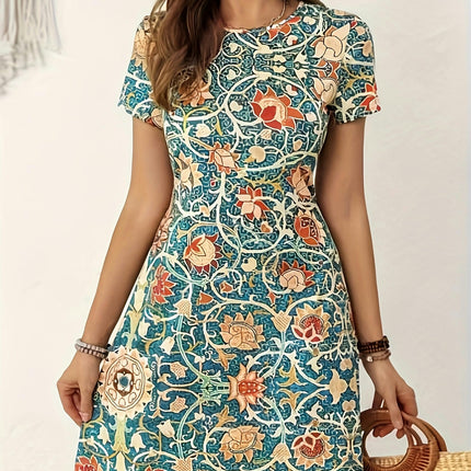 Allover Print Crew Neck Dress, Casual Short Sleeve Dress For Spring & Summer, Women's Clothing