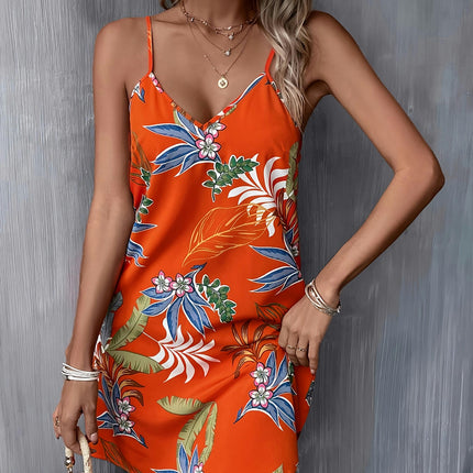 Vibrant Floral Print Spaghetti Strap Cami Dress - Women's Sleeveless Vacation Dress for Summer