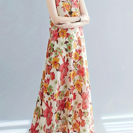 Floral Print Maxi Dress - Crew Neck, Loose Fit Tank Style, Spring and Summer Women's Clothing