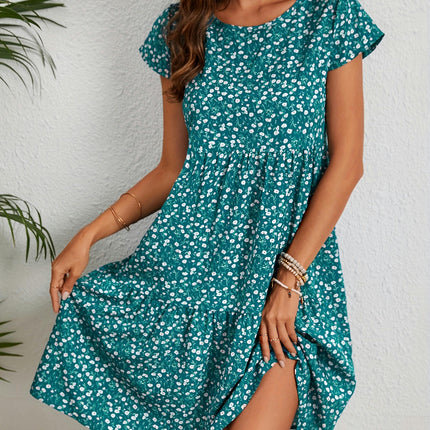 Vibrant Floral Print Crew Neck Dress-Short Sleeve Comfortable Women's Clothing for Warm Weather