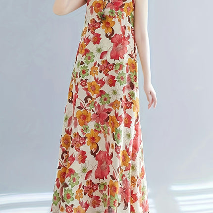 Floral Print Maxi Dress - Crew Neck, Loose Fit Tank Style, Spring and Summer Women's Clothing