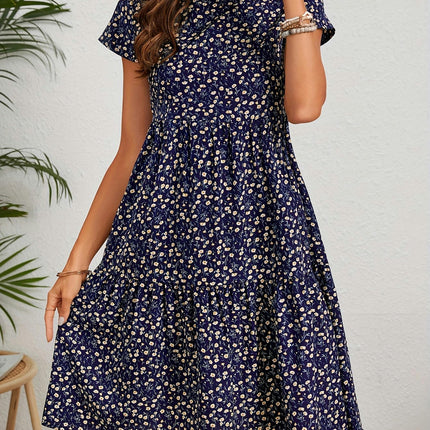 Vibrant Floral Print Crew Neck Dress-Short Sleeve Comfortable Women's Clothing for Warm Weather