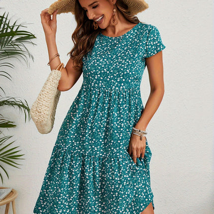 Vibrant Floral Print Crew Neck Dress-Short Sleeve Comfortable Women's Clothing for Warm Weather