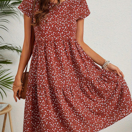 Vibrant Floral Print Crew Neck Dress-Short Sleeve Comfortable Women's Clothing for Warm Weather