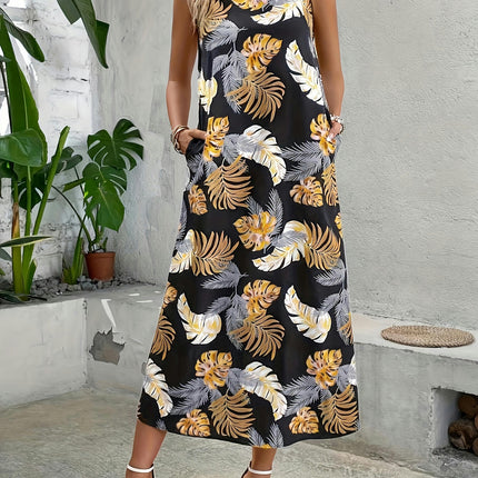 Plants Print Crew Neck Dress, Boho Sleeveless Dress For Spring & Summer, Women's Clothing