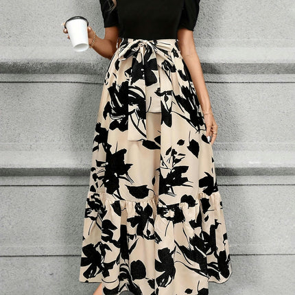 Charming Floral Print Crew Neck A-Line Dress - Women's Short Sleeve Tie Waist Ankle Length Dresses