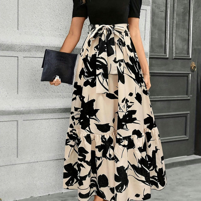 Charming Floral Print Crew Neck A-Line Dress - Women's Short Sleeve Tie Waist Ankle Length Dresses