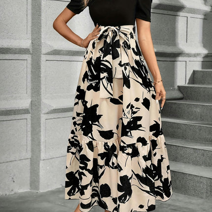 Charming Floral Print Crew Neck A-Line Dress - Women's Short Sleeve Tie Waist Ankle Length Dresses