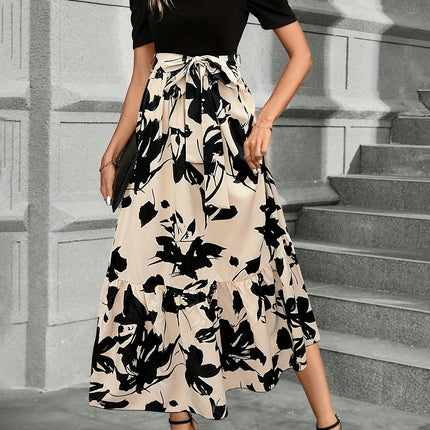 Charming Floral Print Crew Neck A-Line Dress - Women's Short Sleeve Tie Waist Ankle Length Dresses