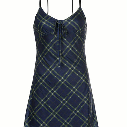 Plaid Sleeveless Sundress for Women - V-Neck, Low-Cut with Lace-Up Detail, A-Line Fit