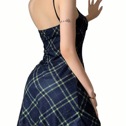 Plaid Sleeveless Sundress for Women - V-Neck, Low-Cut with Lace-Up Detail, A-Line Fit