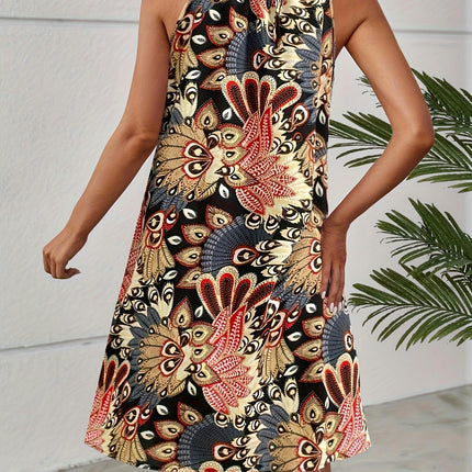 Vintage Graphic Print Halter Neck Dress, Sleeveless Dress For Spring & Summer, Women's Clothing