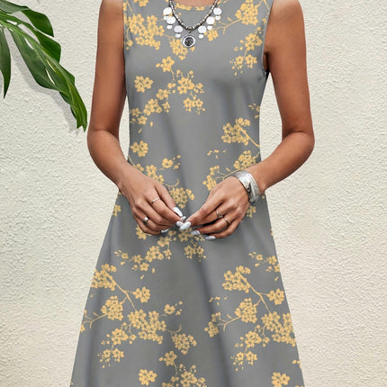 Chic Floral Print Crew Neck Tank Dress-leeveless Dresses Comfortable, Relaxed Fit, V-Neck