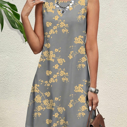 Chic Floral Print Crew Neck Tank Dress-leeveless Dresses Comfortable, Relaxed Fit, V-Neck