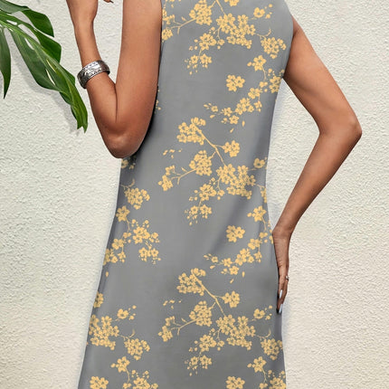 Chic Floral Print Crew Neck Tank Dress-leeveless Dresses Comfortable, Relaxed Fit, V-Neck