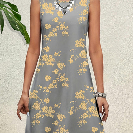 Chic Floral Print Crew Neck Tank Dress-leeveless Dresses Comfortable, Relaxed Fit, V-Neck