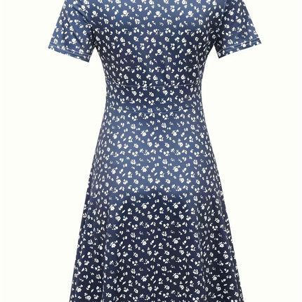 Charming Floral Print V Neck Dress-Short Sleeve A-line Dress for Summer Womens Clothing