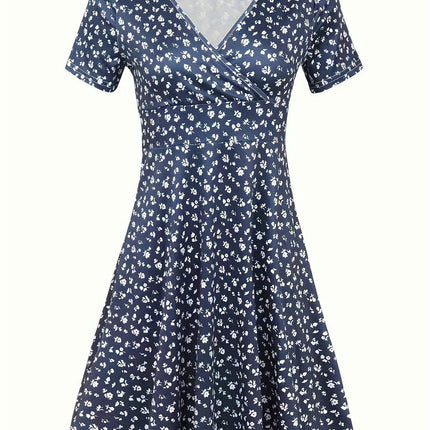 Charming Floral Print V Neck Dress-Short Sleeve A-line Dress for Summer Womens Clothing