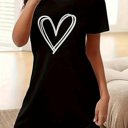 Adorable Heart Print Casual Dress - Womens Short Sleeves Crew Neck - Perfect for Spring & Summer