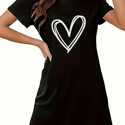 Adorable Heart Print Casual Dress - Womens Short Sleeves Crew Neck - Perfect for Spring & Summer