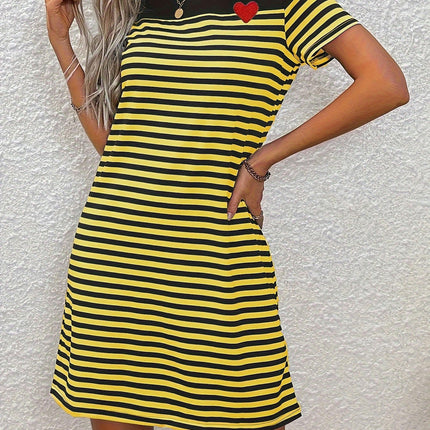 Vibrant Striped & Heart Print Tunic Dress Women's Clothing for Everyday Occasions