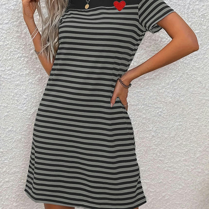 Vibrant Striped & Heart Print Tunic Dress Women's Clothing for Everyday Occasions