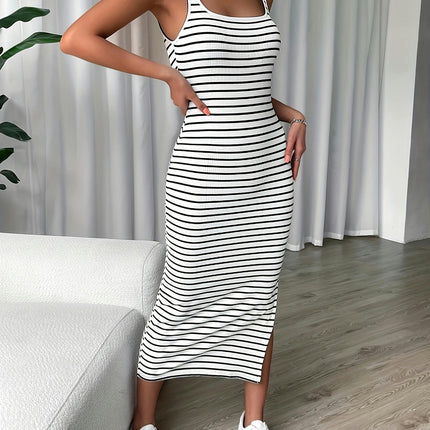 Striped Split-Hem Tank Dress for Women -Round Neck, Non-Sheer - Perfect for Spring/Summer/Fall