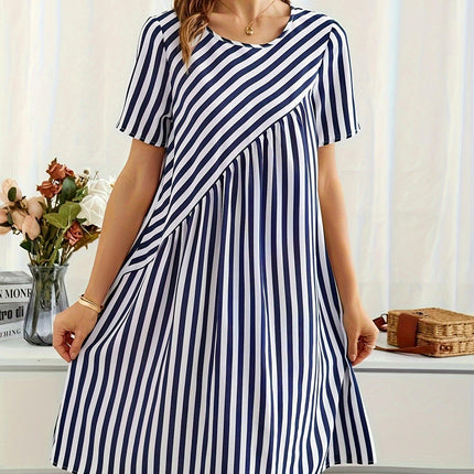 Vibrant Striped Crew Neck Loose Fit A-Line Dress-Women's Casual Short Sleeve Dresses for Summer