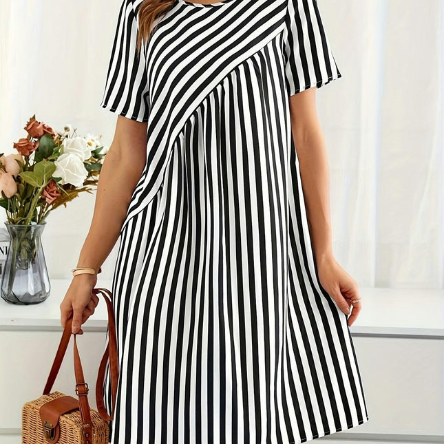 Vibrant Striped Crew Neck Loose Fit A-Line Dress-Women's Casual Short Sleeve Dresses for Summer