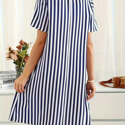 Vibrant Striped Crew Neck Loose Fit A-Line Dress-Women's Casual Short Sleeve Dresses for Summer